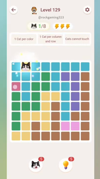 Meowdoku Level 129 step 1 screenshot showing the cat placement at B1 with 1 of 8 cats visible on the board.