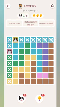 Meowdoku Level 129 step 2 screenshot showing the cat placement at A3 with 2 of 8 cats visible on the board.