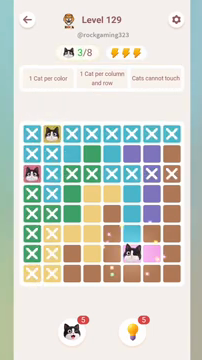 Meowdoku Level 129 step 3 screenshot showing the cat placement at F7 with 3 of 8 cats visible on the board.