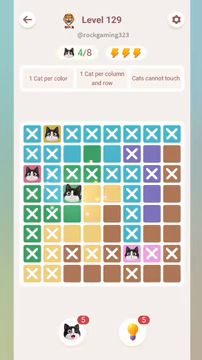 Meowdoku Level 129 step 4 screenshot showing the cat placement at C4 with 4 of 8 cats visible on the board.