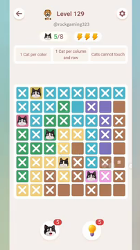 Meowdoku Level 129 step 5 screenshot showing the cat placement at D6 with 5 of 8 cats visible on the board.