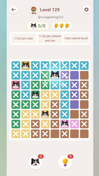 Meowdoku Level 129 step 6 screenshot showing the cat placement at E2 with 6 of 8 cats visible on the board.