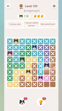 Meowdoku Level 129 step 7 screenshot showing the cat placement at G5 with 7 of 8 cats visible on the board.