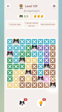 Meowdoku Level 129 step 8 screenshot showing the cat placement at H8 with 8 of 8 cats visible on the board.