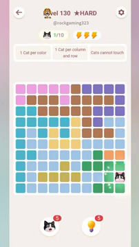 Meowdoku Level 130 step 1 screenshot showing the cat placement at J9 with 1 of 10 cats visible on the board.