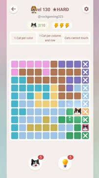 Meowdoku Level 130 step 2 screenshot showing the cat placement at I7 with 2 of 10 cats visible on the board.