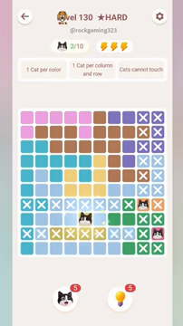 Meowdoku Level 130 step 3 screenshot showing the cat placement at E8 with 3 of 10 cats visible on the board.