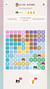 Meowdoku Level 130 step 4 screenshot showing the cat placement at H10 with 4 of 10 cats visible on the board.