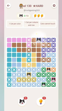 Meowdoku Level 130 step 5 screenshot showing the cat placement at G1 with 5 of 10 cats visible on the board.