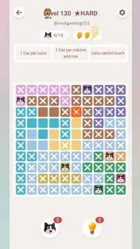 Meowdoku Level 130 step 6 screenshot showing the cat placement at A2 with 6 of 10 cats visible on the board.