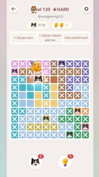 Meowdoku Level 130 step 7 screenshot showing the cat placement at D3 with 7 of 10 cats visible on the board.