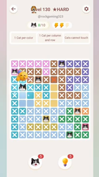 Meowdoku Level 130 step 8 screenshot showing the cat placement at B4 with 8 of 10 cats visible on the board.