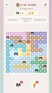 Meowdoku Level 130 step 9 screenshot showing the cat placement at C6 with 9 of 10 cats visible on the board.