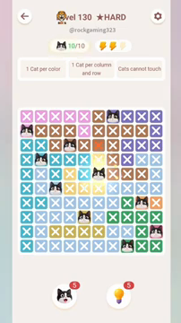 Meowdoku Level 130 step 10 screenshot showing the cat placement at F5 with 10 of 10 cats visible on the board.