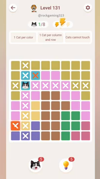 Meowdoku Level 131 step 1 screenshot showing the cat placement at B3 with 1 of 8 cats visible on the board.