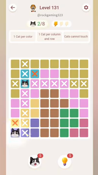 Meowdoku Level 131 step 2 screenshot showing the cat placement at A8 with 2 of 8 cats visible on the board.
