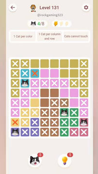 Meowdoku Level 131 step 4 screenshot showing the cat placement at F6 with 4 of 8 cats visible on the board.