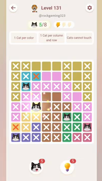 Meowdoku Level 131 step 5 screenshot showing the cat placement at C5 with 5 of 8 cats visible on the board.