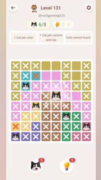Meowdoku Level 131 step 6 screenshot showing the cat placement at E4 with 6 of 8 cats visible on the board.