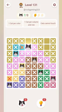 Meowdoku Level 131 step 7 screenshot showing the cat placement at D2 with 7 of 8 cats visible on the board.