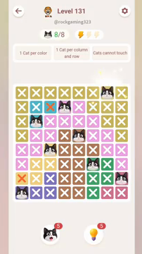 Meowdoku Level 131 step 8 screenshot showing the cat placement at G1 with 8 of 8 cats visible on the board.