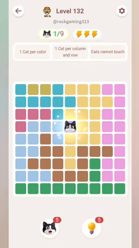 Meowdoku Level 132 step 1 screenshot showing the cat placement at E4 with 1 of 9 cats visible on the board.