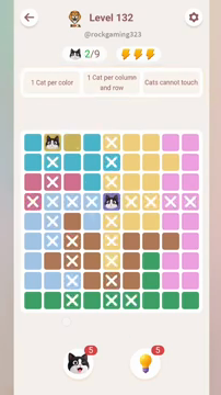 Meowdoku Level 132 step 2 screenshot showing the cat placement at B1 with 2 of 9 cats visible on the board.