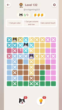 Meowdoku Level 132 step 3 screenshot showing the cat placement at D2 with 3 of 9 cats visible on the board.