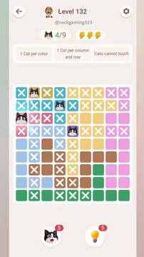 Meowdoku Level 132 step 4 screenshot showing the cat placement at A3 with 4 of 9 cats visible on the board.