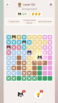 Meowdoku Level 132 step 5 screenshot showing the cat placement at G5 with 5 of 9 cats visible on the board.
