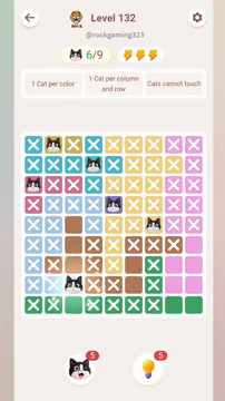 Meowdoku Level 132 step 6 screenshot showing the cat placement at C8 with 6 of 9 cats visible on the board.