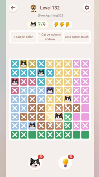 Meowdoku Level 132 step 7 screenshot showing the cat placement at F7 with 7 of 9 cats visible on the board.