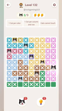 Meowdoku Level 132 step 8 screenshot showing the cat placement at I6 with 8 of 9 cats visible on the board.