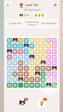 Meowdoku Level 132 step 9 screenshot showing the cat placement at H9 with 9 of 9 cats visible on the board.