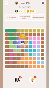 Meowdoku Level 133 step 1 screenshot showing the cat placement at E4 with 1 of 10 cats visible on the board.