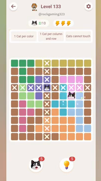 Meowdoku Level 133 step 2 screenshot showing the cat placement at H5 with 2 of 10 cats visible on the board.