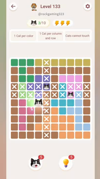 Meowdoku Level 133 step 3 screenshot showing the cat placement at D6 with 3 of 10 cats visible on the board.
