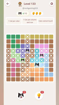 Meowdoku Level 133 step 4 screenshot showing the cat placement at G7 with 4 of 10 cats visible on the board.