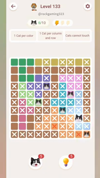 Meowdoku Level 133 step 6 screenshot showing the cat placement at I8 with 6 of 10 cats visible on the board.