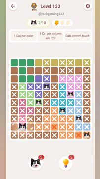 Meowdoku Level 133 step 7 screenshot showing the cat placement at B9 with 7 of 10 cats visible on the board.
