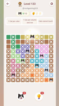 Meowdoku Level 133 step 8 screenshot showing the cat placement at F1 with 8 of 10 cats visible on the board.