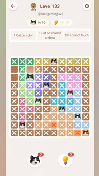 Meowdoku Level 133 step 9 screenshot showing the cat placement at C3 with 9 of 10 cats visible on the board.