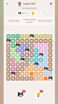 Meowdoku Level 133 step 10 screenshot showing the cat placement at A2 with 10 of 10 cats visible on the board.