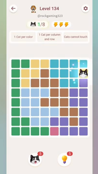 Meowdoku Level 134 step 1 screenshot showing the cat placement at H2 with 1 of 8 cats visible on the board.