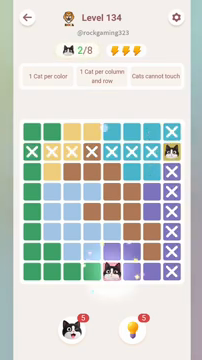 Meowdoku Level 134 step 2 screenshot showing the cat placement at E8 with 2 of 8 cats visible on the board.