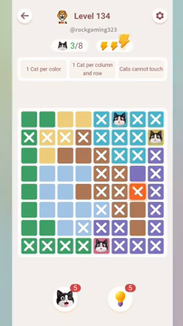 Meowdoku Level 134 step 3 screenshot showing the cat placement at F1 with 3 of 8 cats visible on the board.