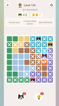 Meowdoku Level 134 step 4 screenshot showing the cat placement at G4 with 4 of 8 cats visible on the board.