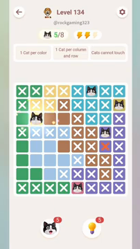 Meowdoku Level 134 step 5 screenshot showing the cat placement at B3 with 5 of 8 cats visible on the board.