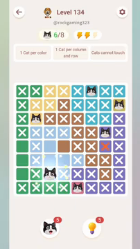 Meowdoku Level 134 step 6 screenshot showing the cat placement at C7 with 6 of 8 cats visible on the board.