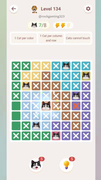 Meowdoku Level 134 step 7 screenshot showing the cat placement at D5 with 7 of 8 cats visible on the board.